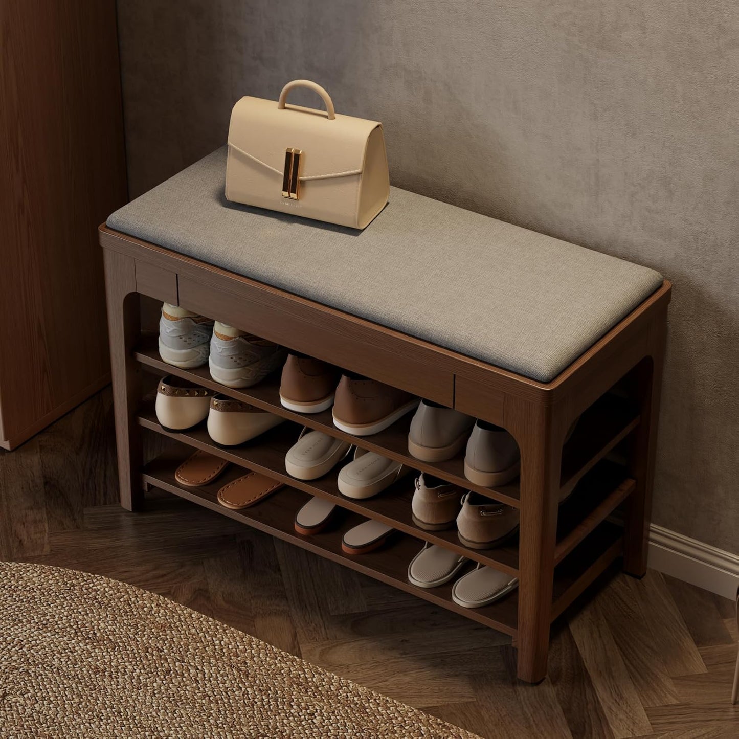 Small Shoe Bench with Storage, Wooden Shoe Storage Bench with Cushion&Hidden Drawer, 3-Tier Shoe Rack Bench for Entryway, Mudroom, Hallway