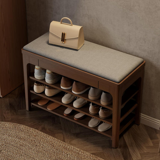 Small Shoe Bench with Storage, Wooden Shoe Storage Bench with Cushion&Hidden Drawer, 3-Tier Shoe Rack Bench for Entryway, Mudroom, Hallway