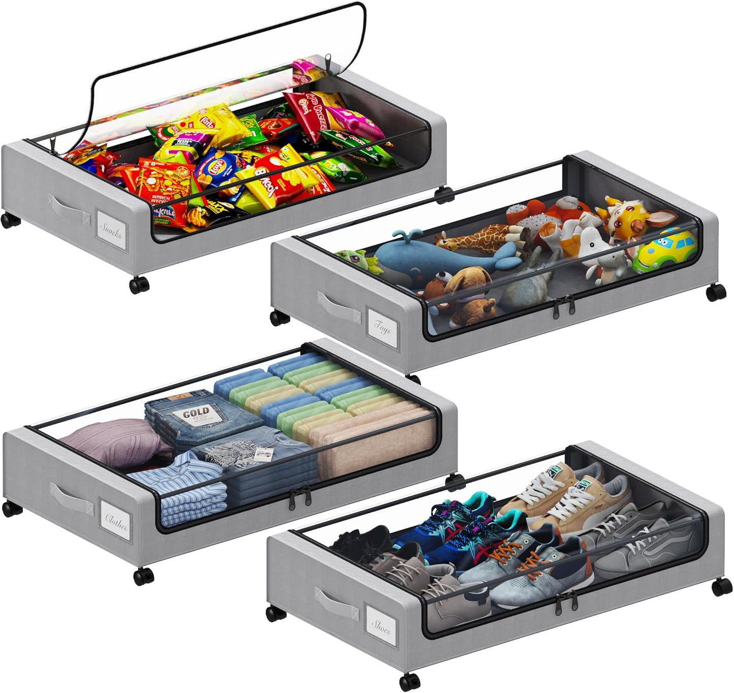 Under Bed Storage with Wheels, XXL 60L Under the Bed Storage Bins, Underbed Storage Containers with Lids & Label, Rolling Metal Drawer for Shoes, Clothes, Books, Toys (4-Pack Black)