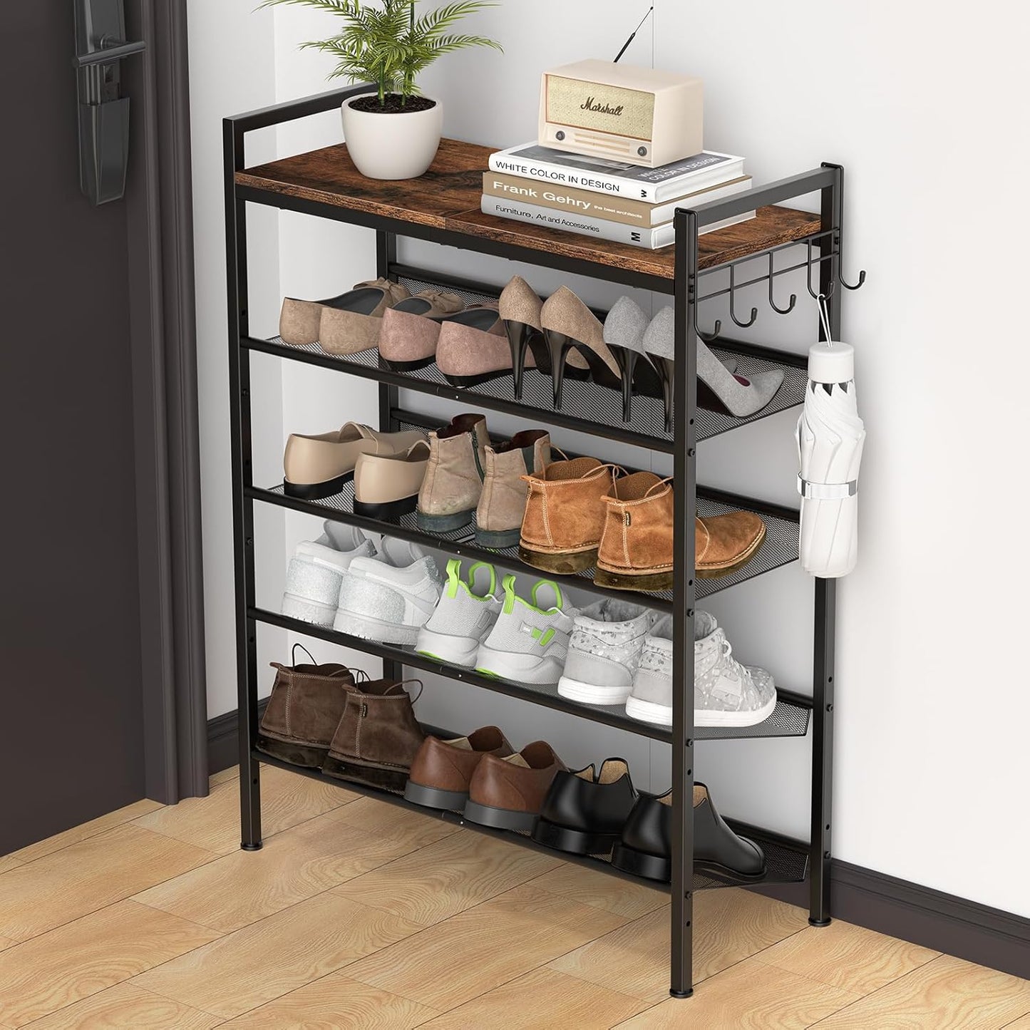 Refrze Shoe Rack for Front Door Entrance, 4 Tier Height-Adjustable Metal Shoe Rack, Sturdy Wooden Top and Tiltable Steel Frame Heavy Duty Shoe Organizer for Bathroom,Bedroom,Kitchen，Include Hook