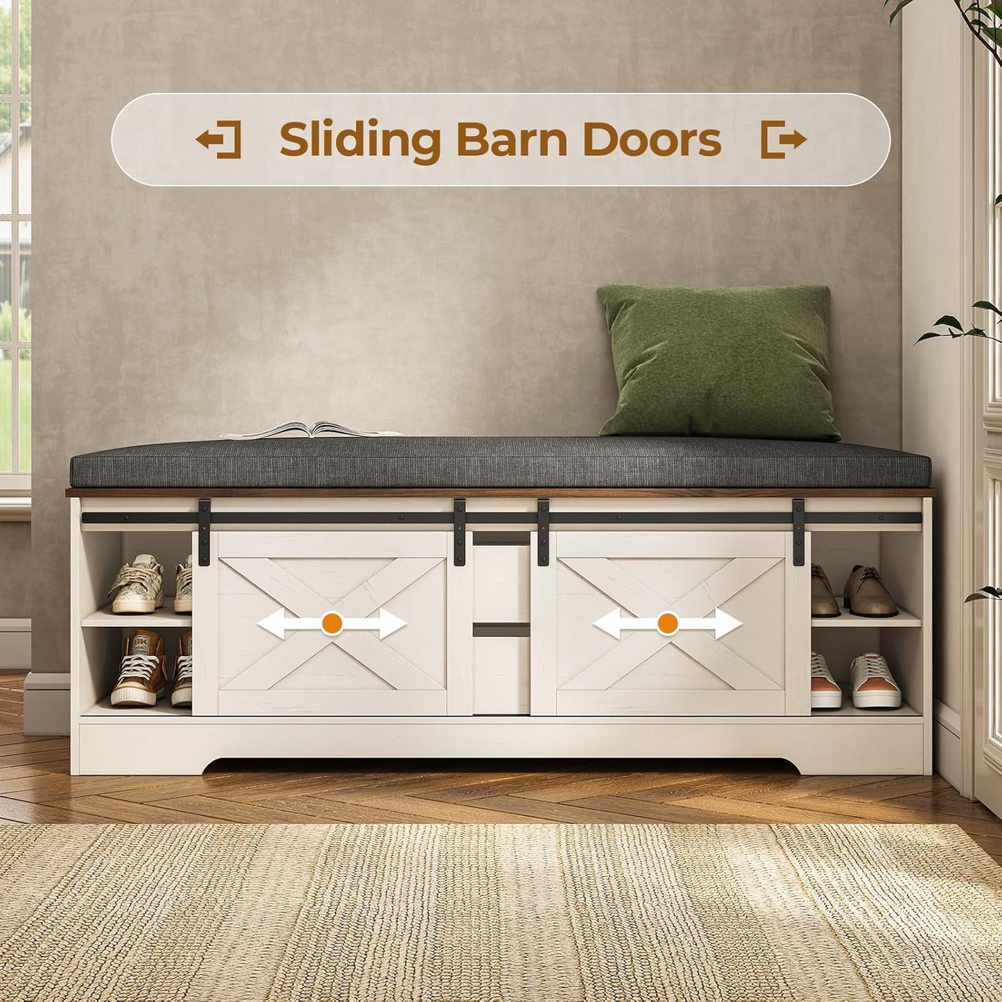 Farmhouse Storage Bench with Cushion, Shoe Rack with Slide Barn Doors, Adjustable Shelf and 2 Drawer for Entry, Bedroom, Closet, Living Room, Hallway (White Brown, 59.8 in)