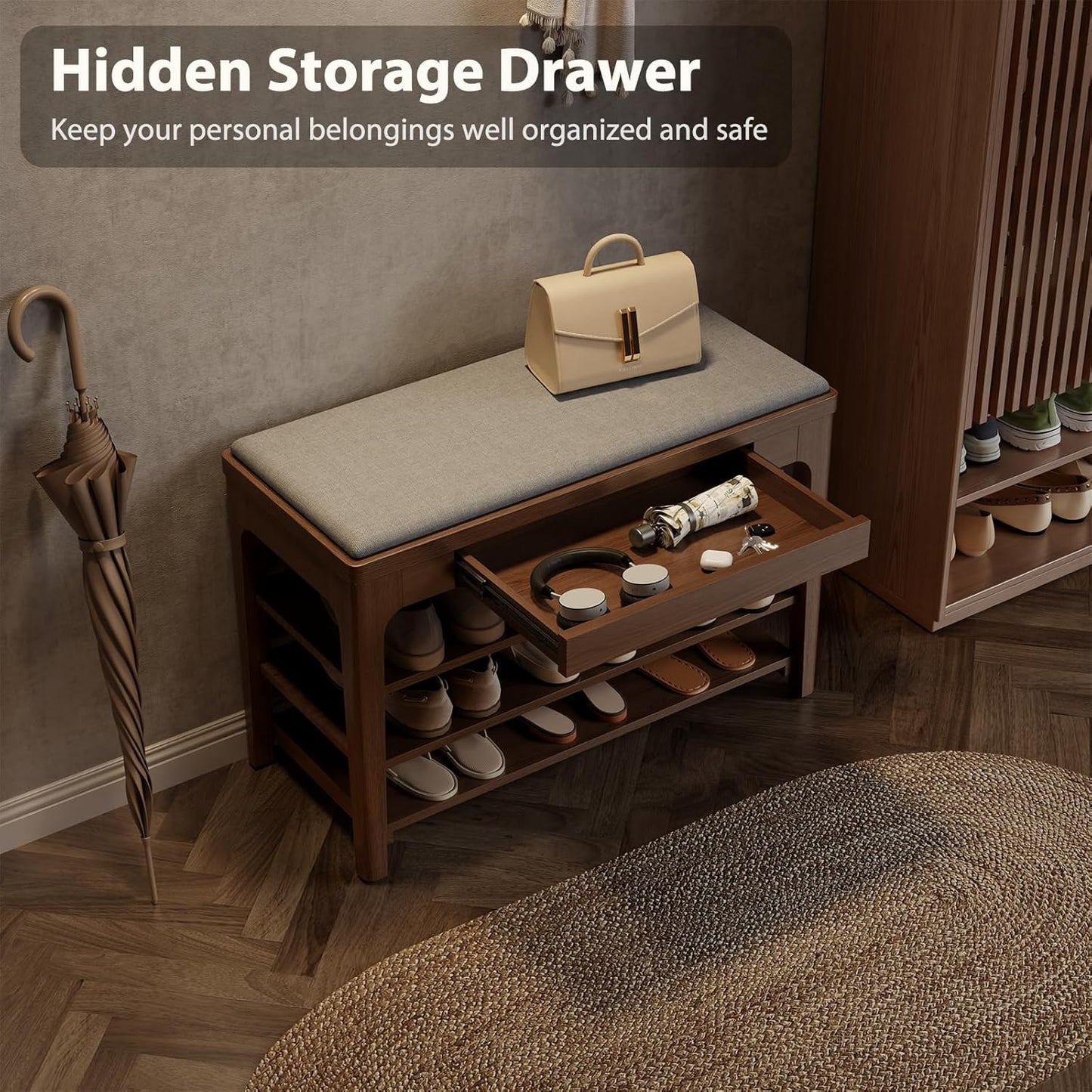 Small Shoe Bench with Storage, Wooden Shoe Storage Bench with Cushion&Hidden Drawer, 3-Tier Shoe Rack Bench for Entryway, Mudroom, Hallway