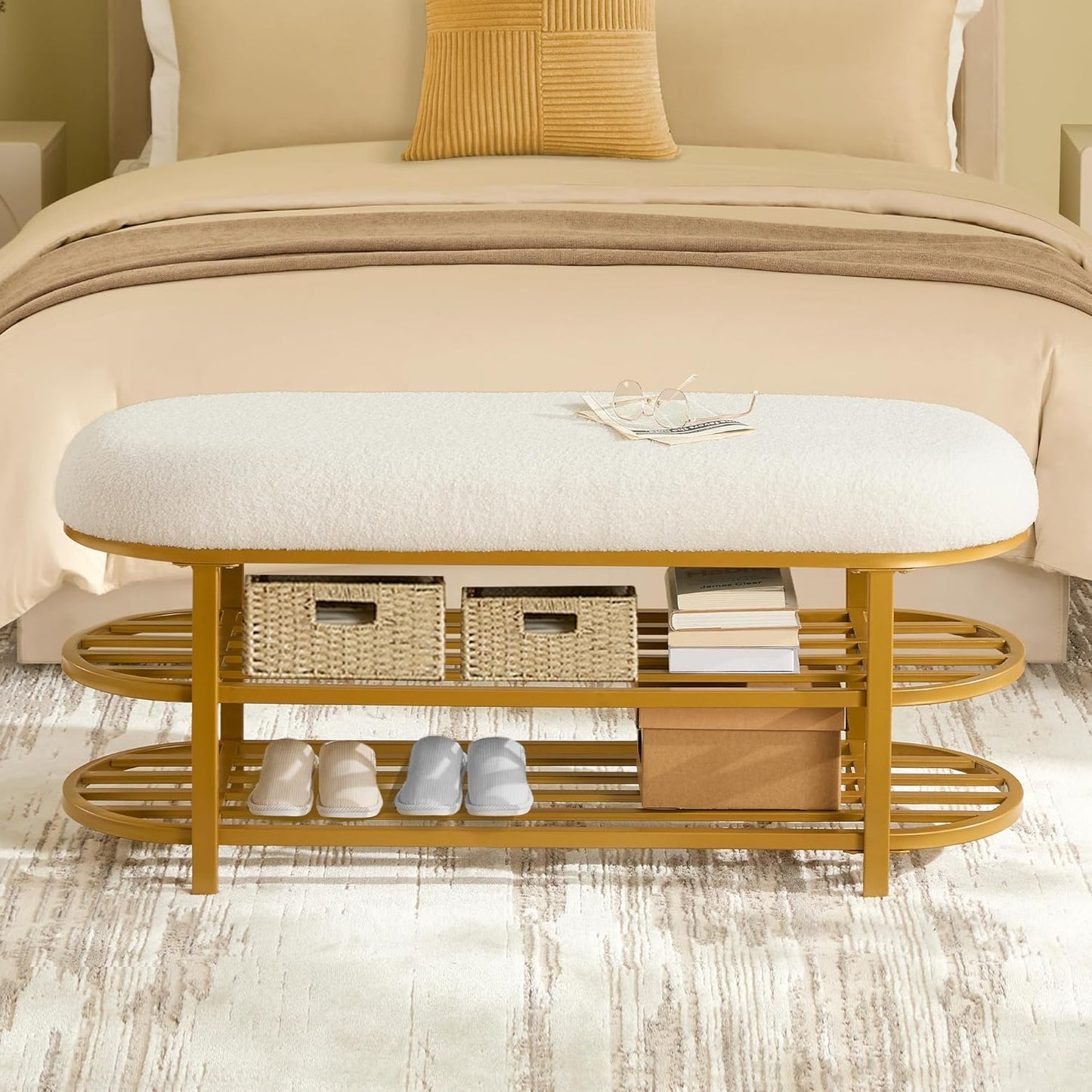 48" End of Bed Bench with Cushion 3-Tier Entryway Storage Upholstered Bench Modern Gold Metal Legs Shoe Storage Rack with Shelf for Bedroom, Entry, Hallway, Living Room, Under Window (White)