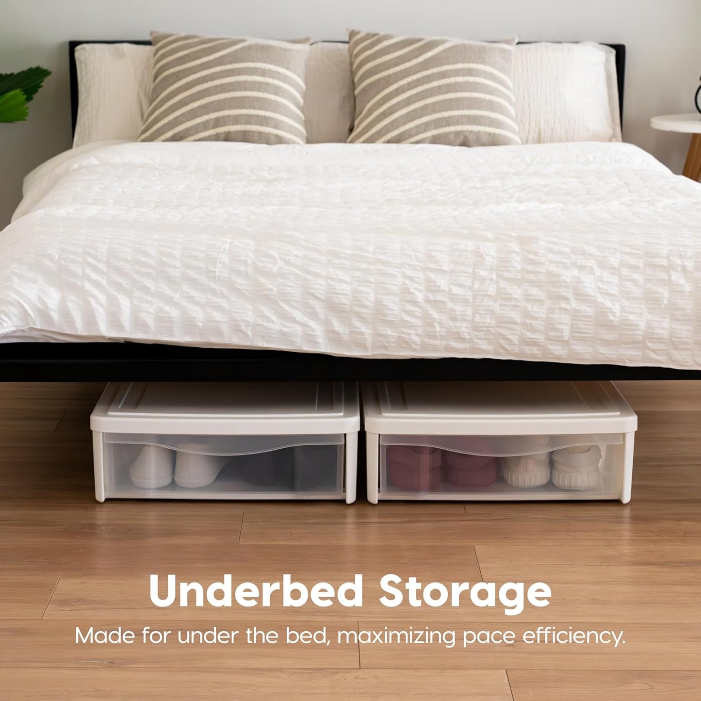 IRIS USA 22 Qt Underbed Storage Stackable Organizer Bin Container with Sliding Drawer, 2 Pack, Multi-Purpose for Clothes, Shoes, Clothing, Bedding, White