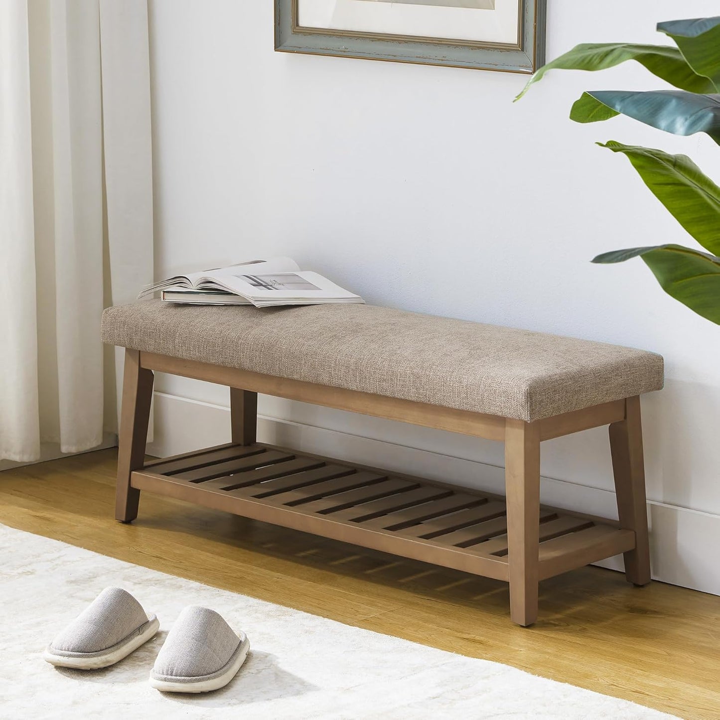 Entryway Bench, Chenille Upholstered Shoe Benches for Bedroom, Ottoman Bench with Solid Wood Shelf, Storage Benches for Hallway, Living Room(Beige)