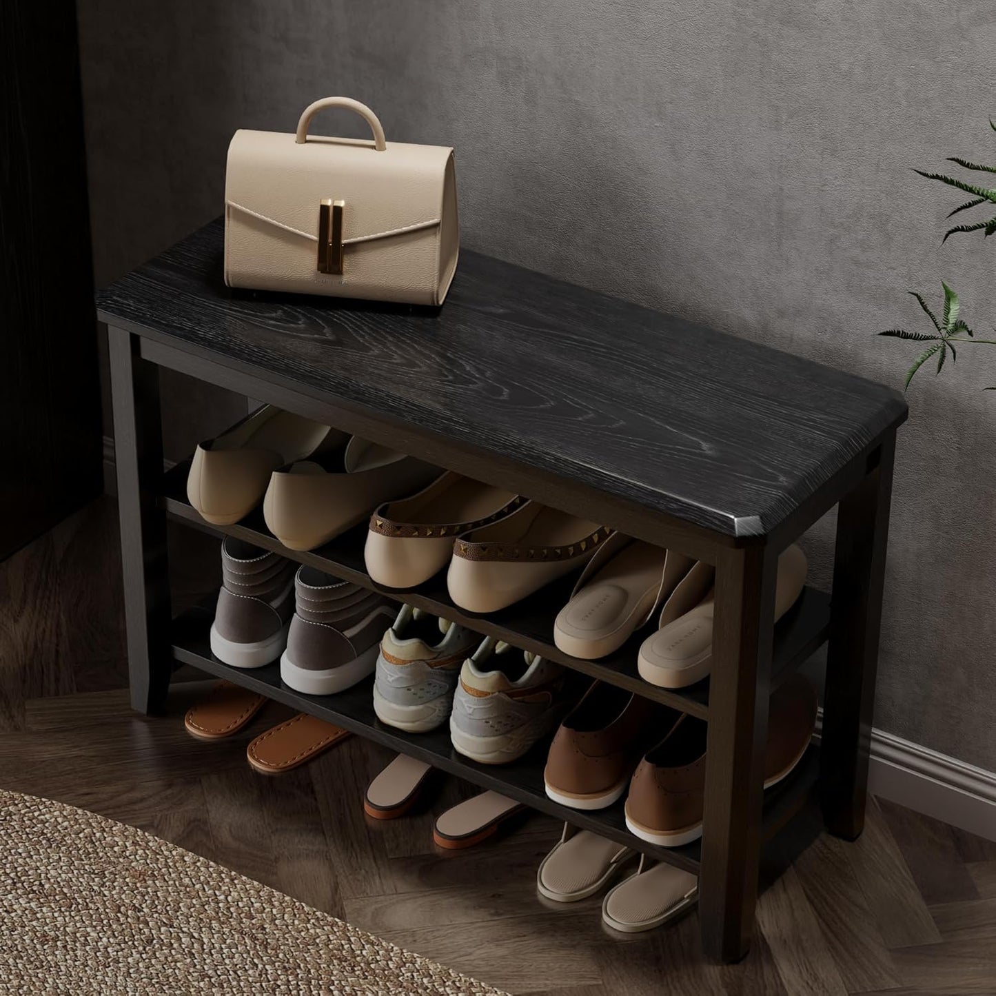 Wood Shoe Rack Bench for Entryway, Shoe Rack for Front Door Entrance with Leather Cushion, 2 Tier Shoe Bench with Shoe Storage for Entryway, Bedroom.