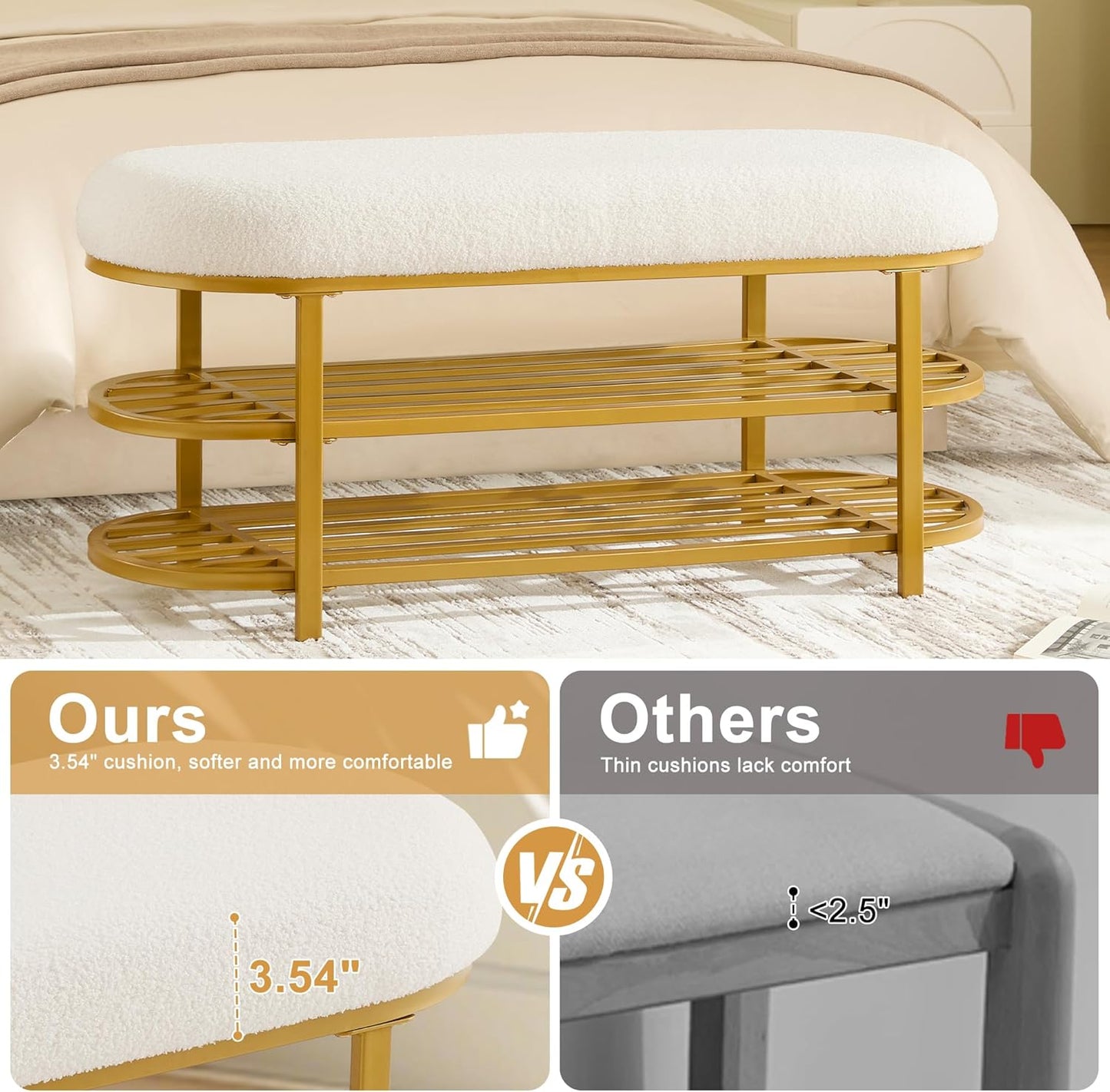 48" End of Bed Bench with Cushion 3-Tier Entryway Storage Upholstered Bench Modern Gold Metal Legs Shoe Storage Rack with Shelf for Bedroom, Entry, Hallway, Living Room, Under Window (White)