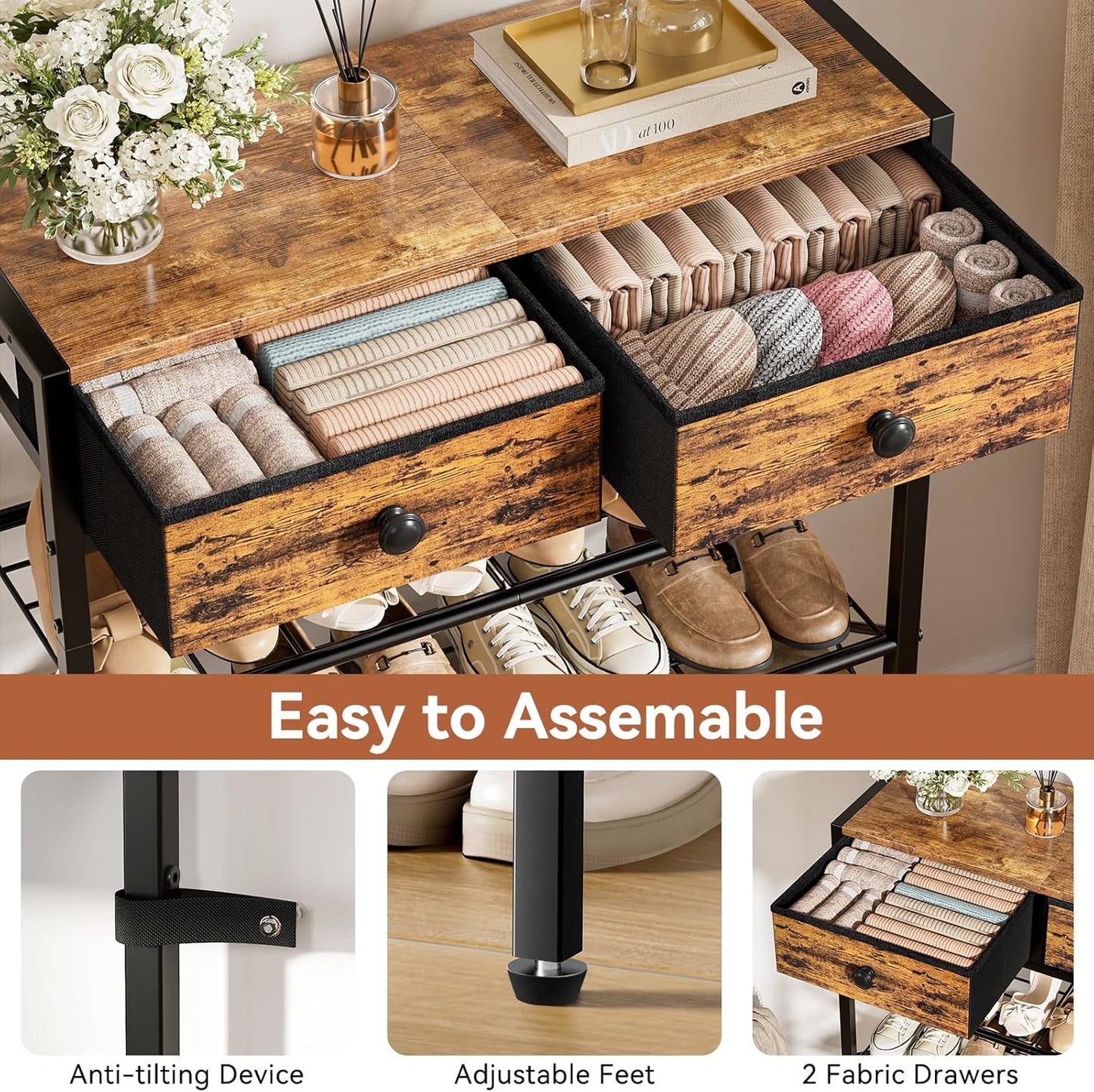 Shoe Rack for Entryway, 5 Tier Shoe Organizer with 2 Non-woven Drawers, Metal Storage Shoe Shelf for 16-20 Pairs of Shoes, with Wooden Top and Steel Frame, Shoe Stand for Closet Rustic Brown