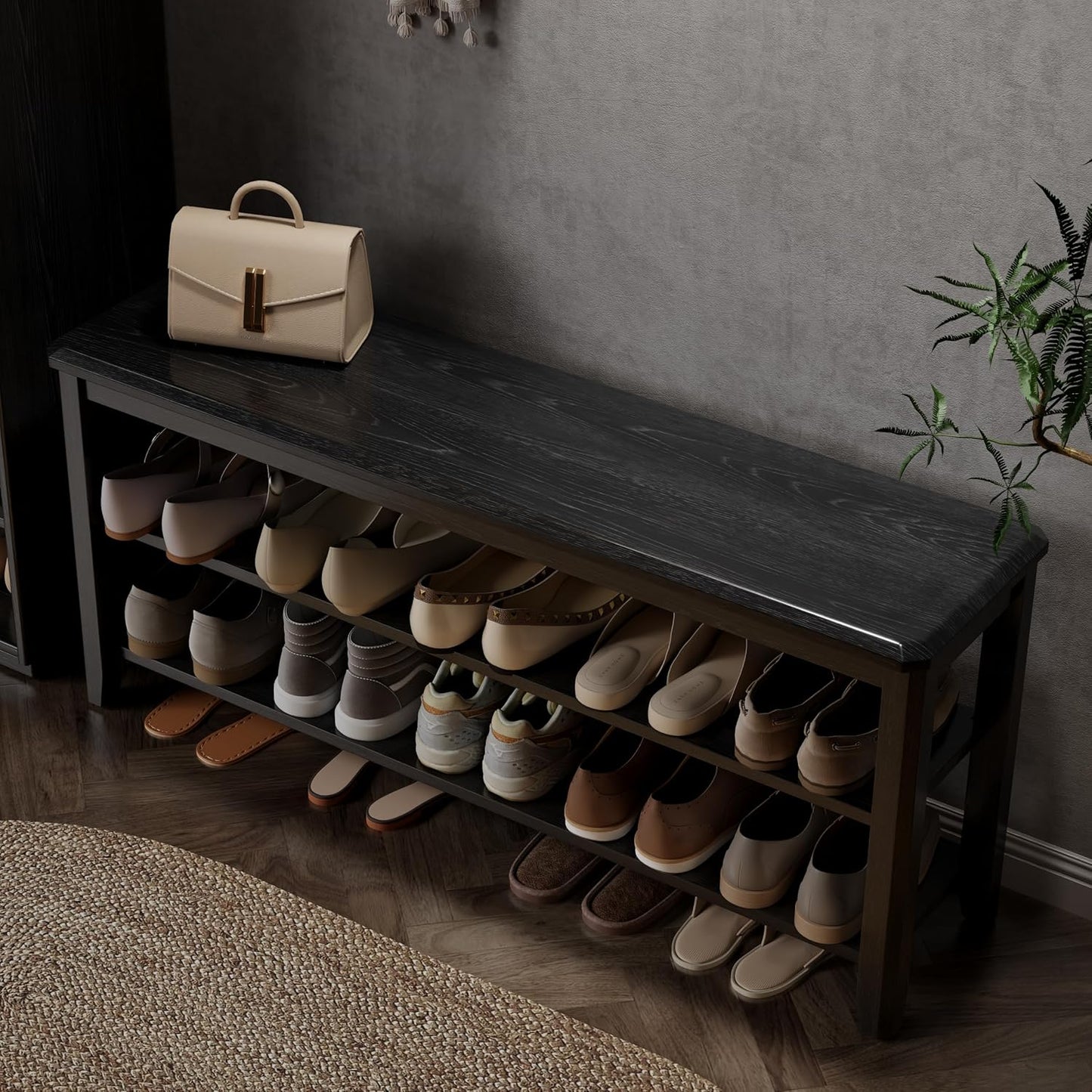 Wood Shoe Rack Bench for Entryway, Shoe Rack for Front Door Entrance with Leather Cushion, 2 Tier Shoe Bench with Shoe Storage for Entryway, Bedroom.