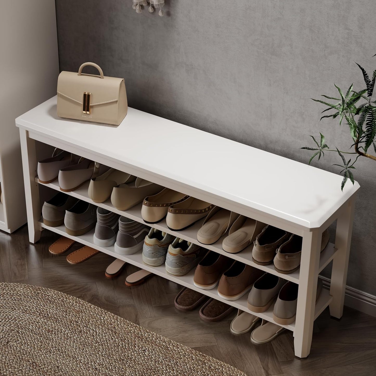 Wood Shoe Rack Bench for Entryway, Shoe Rack for Front Door Entrance with Leather Cushion, 2 Tier Shoe Bench with Shoe Storage for Entryway, Bedroom.