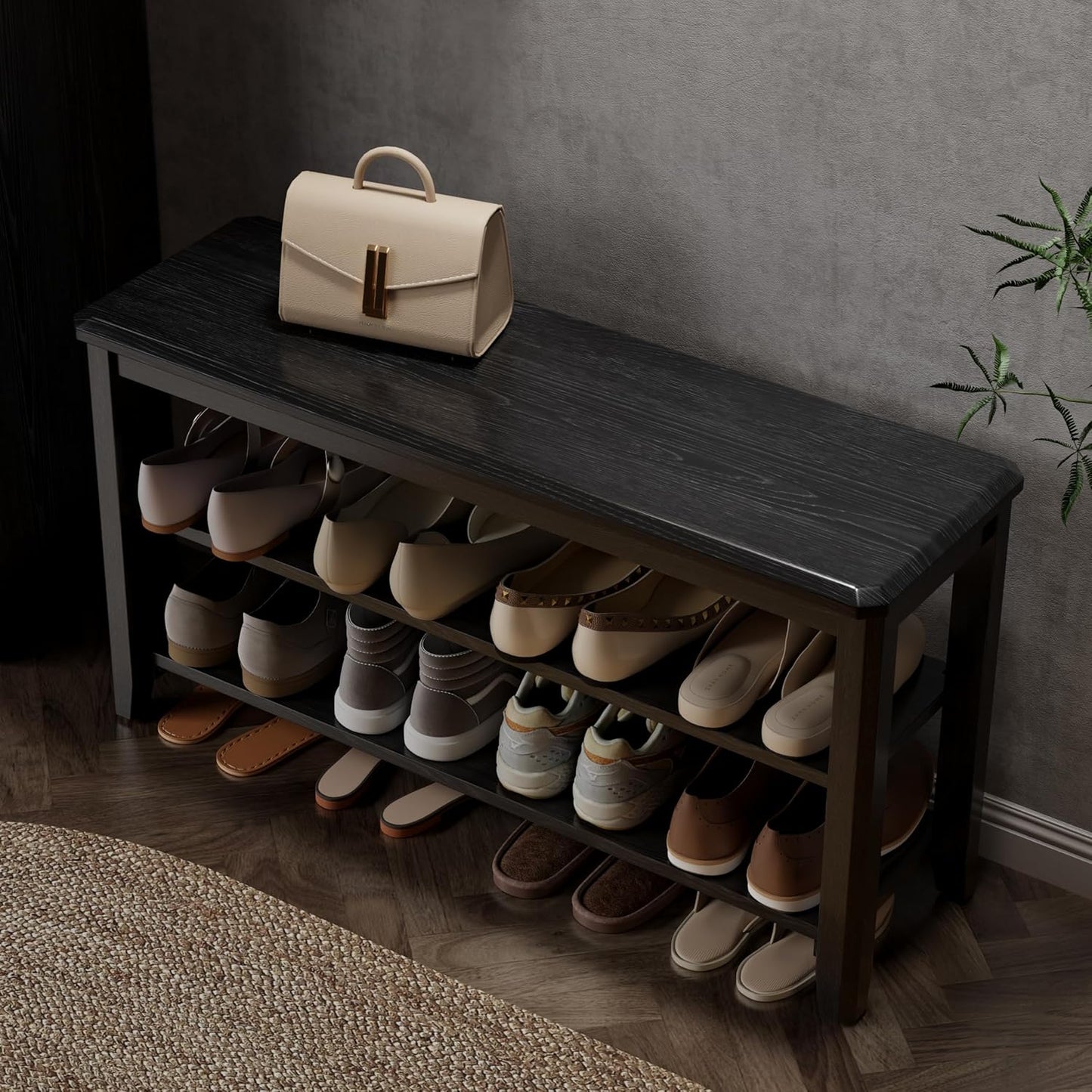 Wood Shoe Rack Bench for Entryway, Shoe Rack for Front Door Entrance with Leather Cushion, 2 Tier Shoe Bench with Shoe Storage for Entryway, Bedroom.