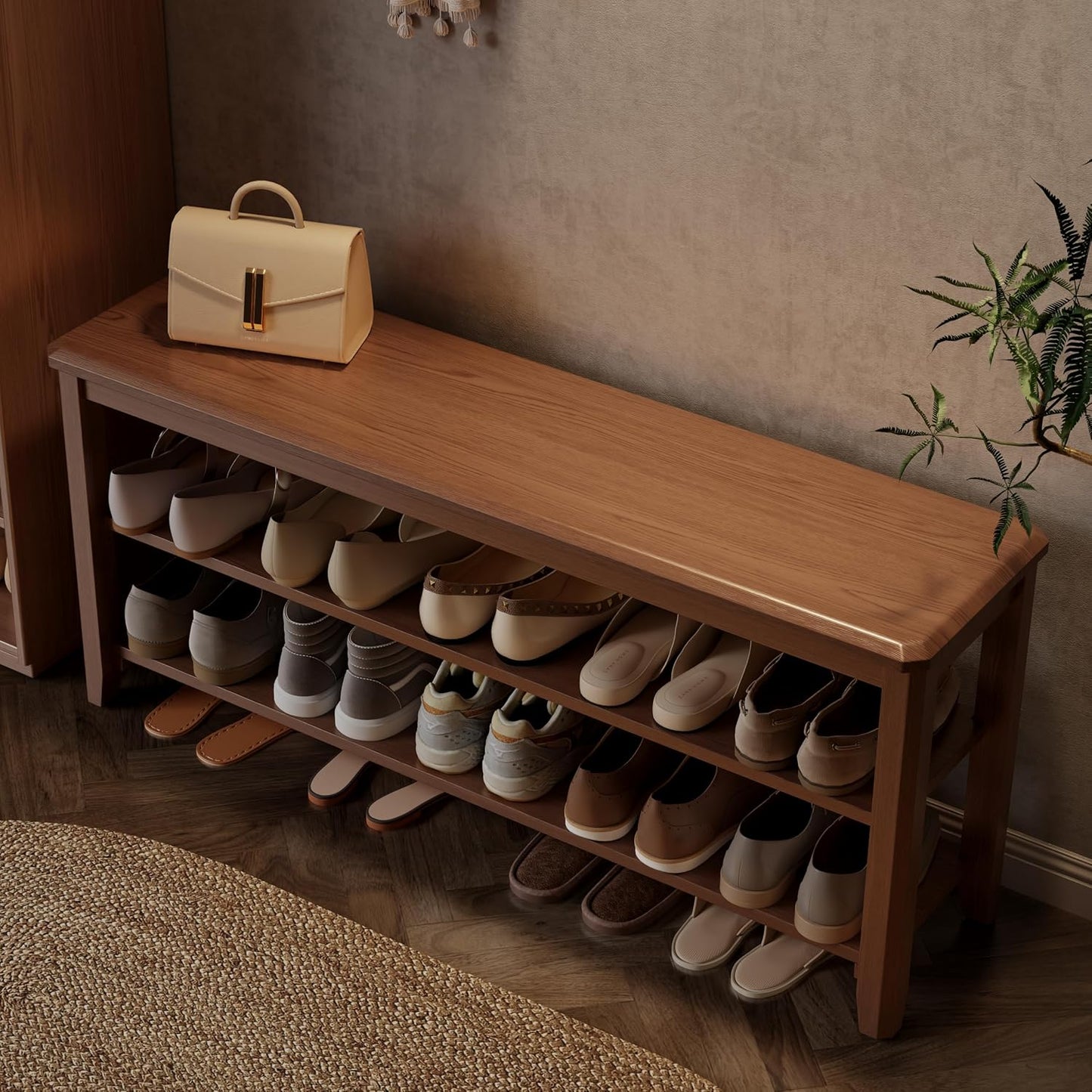 Wood Shoe Rack Bench for Entryway, Shoe Rack for Front Door Entrance with Leather Cushion, 2 Tier Shoe Bench with Shoe Storage for Entryway, Bedroom.